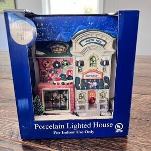 Vintage Victoria Falls Lighted Porcelain North Pole Toy Store Window Scene